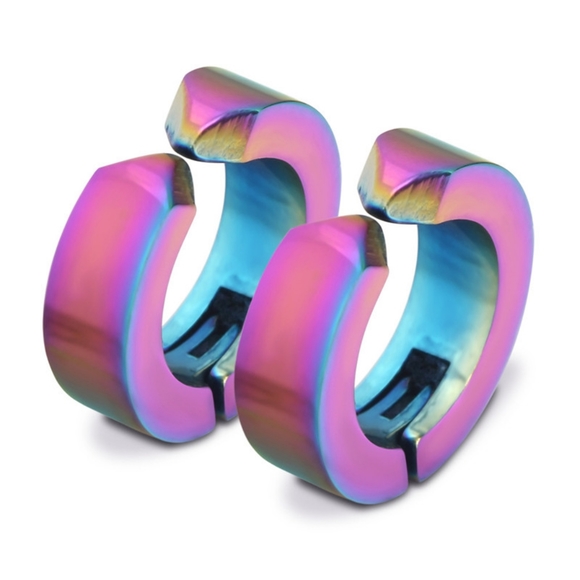 Rainbow Titanium Iridescent Stainless Steel Magnetic Hinged Hoop Clip Earrings - Picture 2 of 16